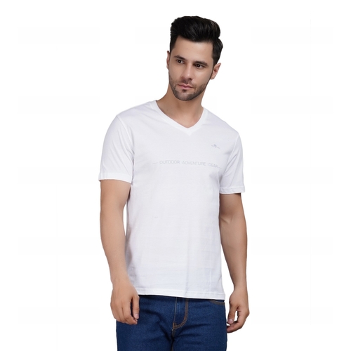 Men Printed V Neck Cotton White T-Shirt (Size M)