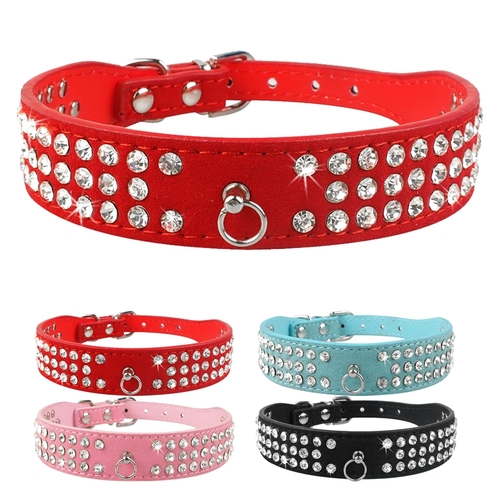 3 Rows Rhinestones Suede Leather Dog Collars