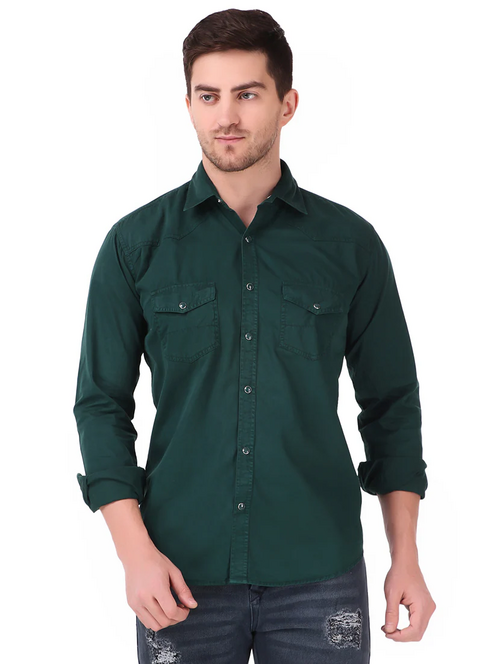 Men's Solid Slim Fit Cotton Casual Shirt GREEN 2XL