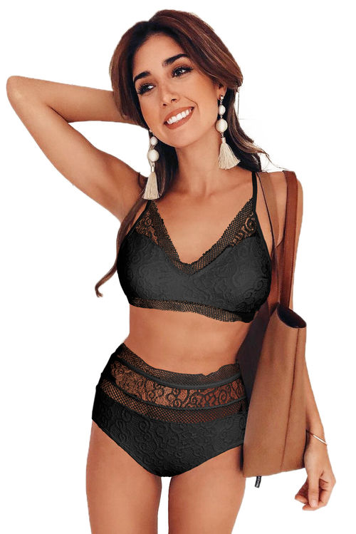 Black Captured Lace-Trim Bikini Top & High-Waist Bottoms