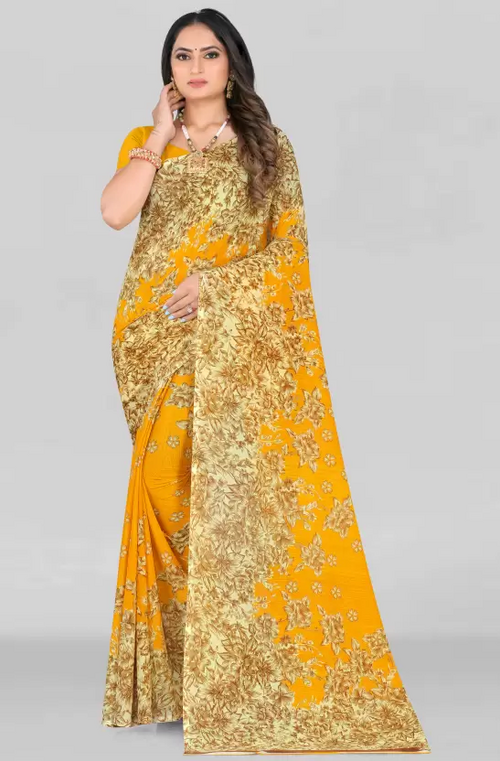 Printed Daily Wear Georgette Saree  (Yellow, Beige)