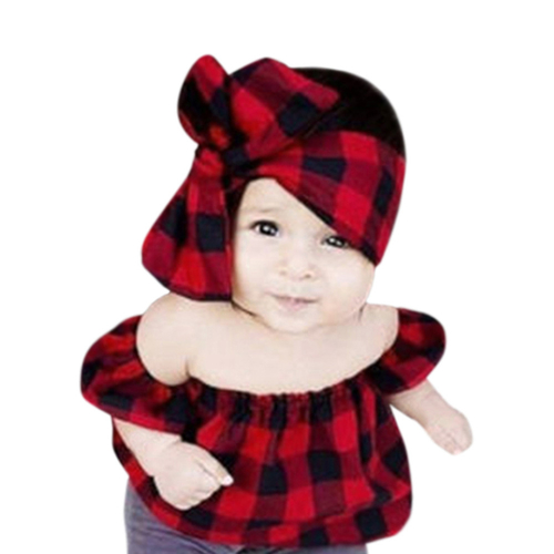 New Baby Girls Plaid Print Off-the-shoulder