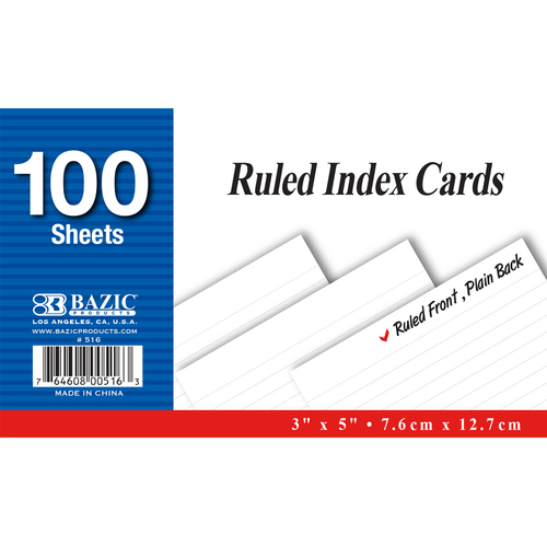 Bazic 100 Count 3" x 5" Ruled White Index Card