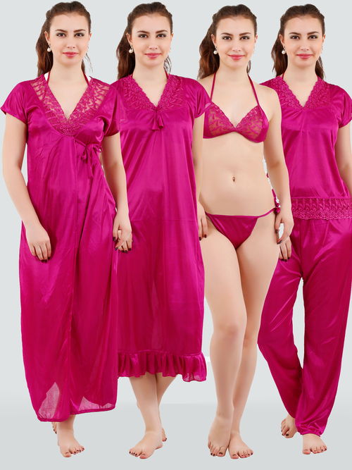 Romaisa Women's Satin Solid Magenta Nightwear Set ( Pack of 6 )