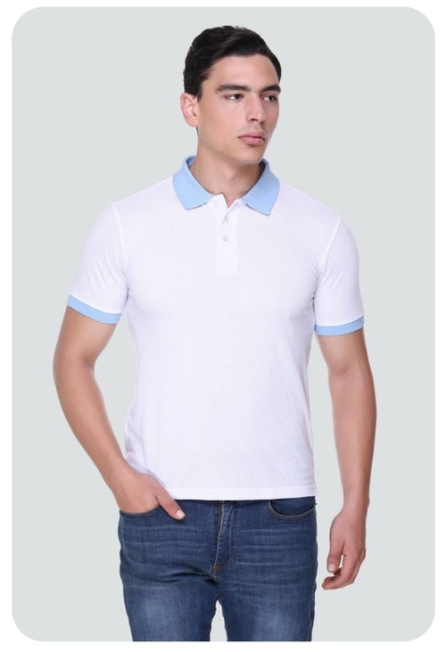 Men White Solid Polo blue collar T-Shirt  (Size-S) (Color-WHITE)