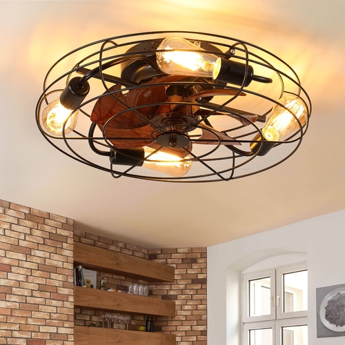Caged Ceiling Fan With Light, 20'' farmhouse Low Profile Ceiling fan