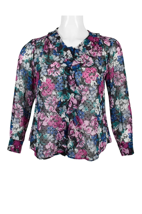 Tahari ASL Collared Ruffled Button Down Long Sleeve Illusion Floral