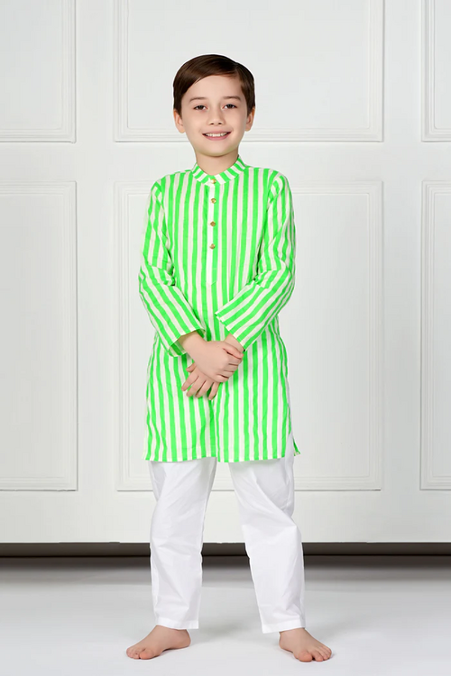 BOYS STRIPPED KURTA PANT SET (SIZE-4-5yr) (COLOR-GREEN&WHITE)