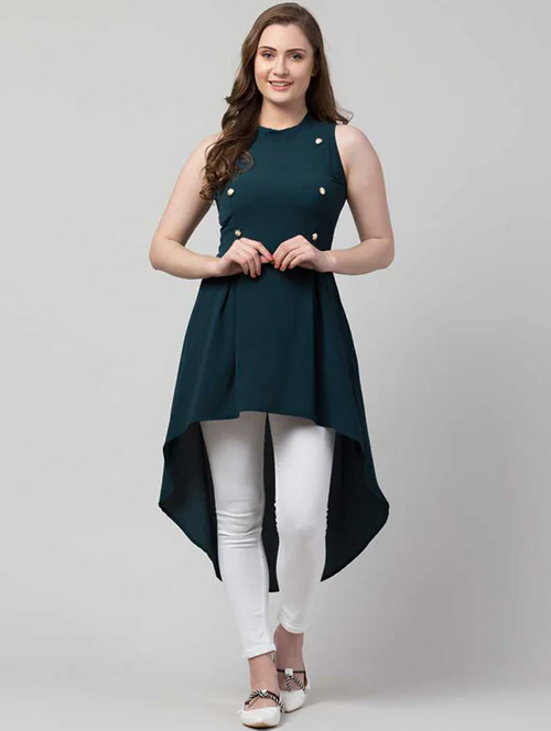 Women Green Solid High Low Dress (Size-M) (Color-DARK GREEN)