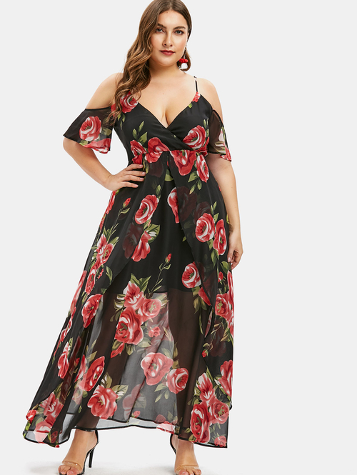  Women Plus Size Cold Shoulder Floral Maxi