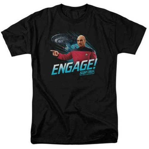 Trevco Star Trek-Engage - Short Sleeve Adult 18-1 Tee - Black- Medium