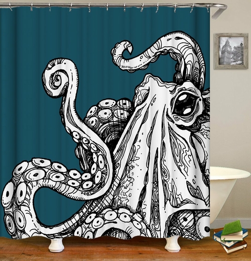 Black & White Octopus Over Turquoise Shower Curtain