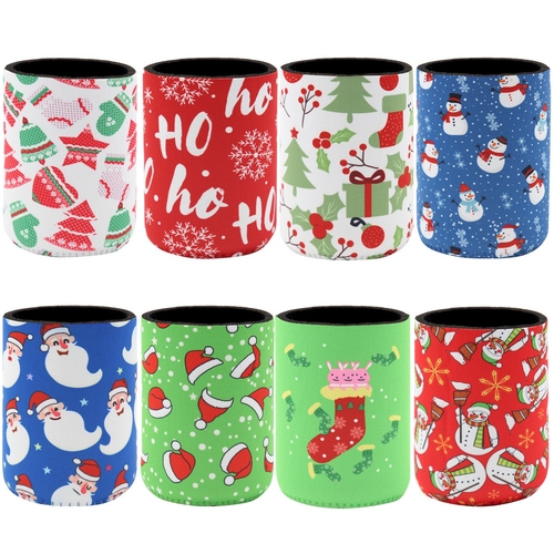 8x Christmas Stubby Stubbie Holders Beer Bottle Drink Can Cooler Santa