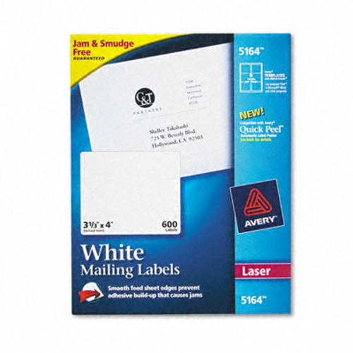 Avery 5164 Laser Address Labels with Smooth Feed Sheets  3-1/3 x 4  Wh