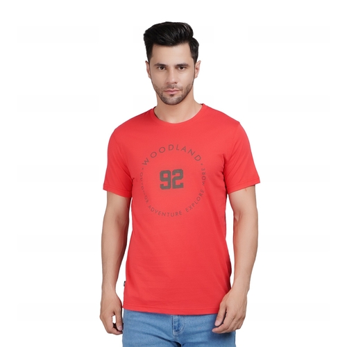 Men Printed Round Neck Cotton Red T-Shirt (Size L)