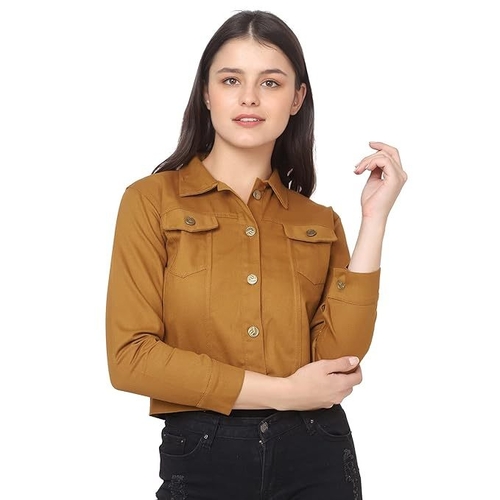 Twill Buttoned Women Regular Jacket (Size-L) (Color-BROWN)