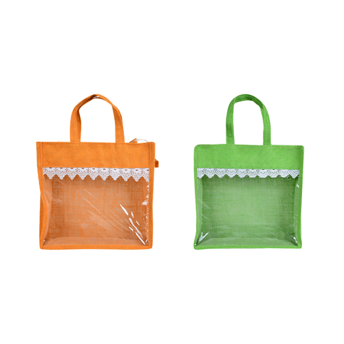 Combo of Orange  and Green  Color  Transparent Window Jute Gift Bags