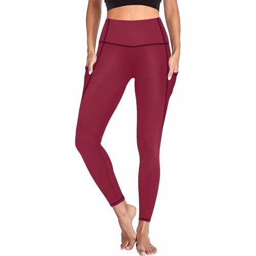 Womens Leggings with Pockets - Fitness Pants / Burgundy Red