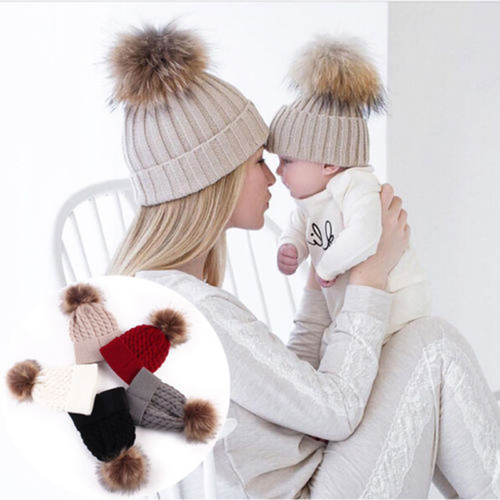 2018 2PCS/set Mom Mother+Baby Knit Pom Bobble Hat