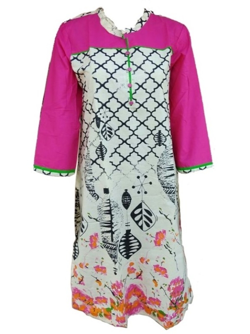 Pink Cotton Printed Kurti