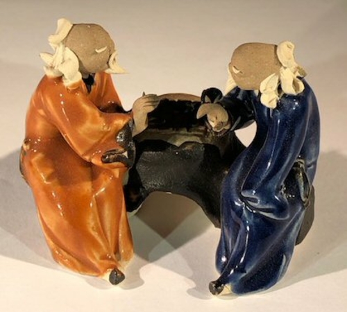 Ceramic FigurineTwo Men Sitting On A Bench Playing Chess - 2.5"Color: