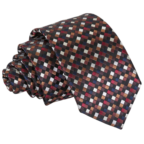 Chequered Geometric Slim Tie - Black with Bronze, Silver and Red