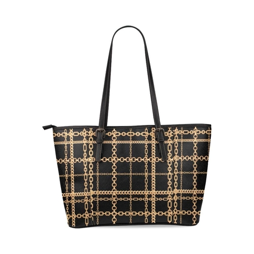 Large Leather Tote Shoulder Bag Black and Gold Chain Link Print