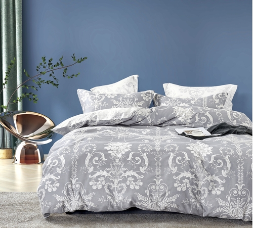 Lauren Damask White/Grey 100% Cotton Reversible Comforter Set