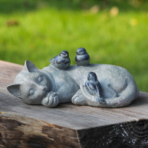 Luxen Home Napping Cat with Birds Garden Statue