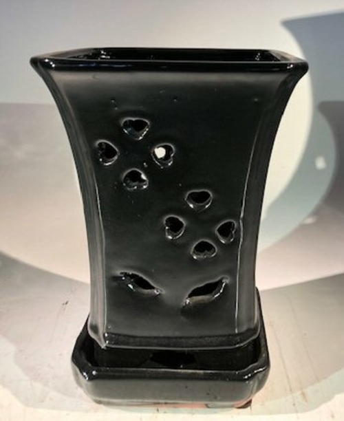 Black Ceramic Orchid Pot - SquareWith Attached Humidity Drip Tray6.5"