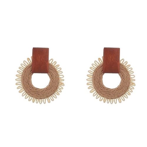 Brown Wooden Drop Boho Earrings Jute, Fabric Drops & Danglers for