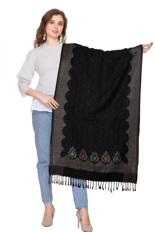 Black Viscose Lace Stole For Women.