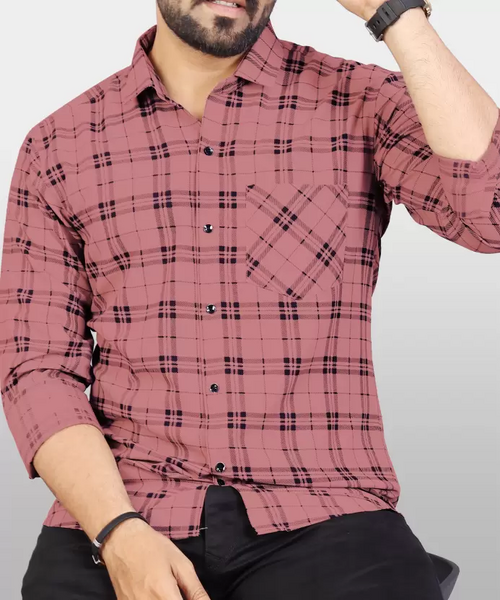 Men Regular Fit Checkered Spread Collar Casual Shirt Peach (Size M)