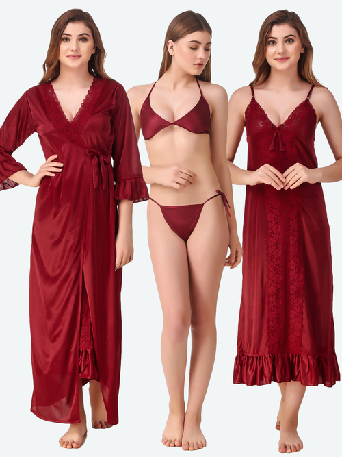 Romaisa Women's Satin Solid Maroon Nightwear Set ( Pack of 4 )