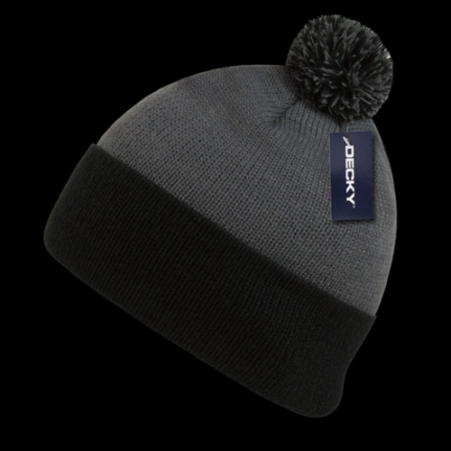 Decky 687-GRYBLK Athletic Pom Pom Beanies, Grey & Black