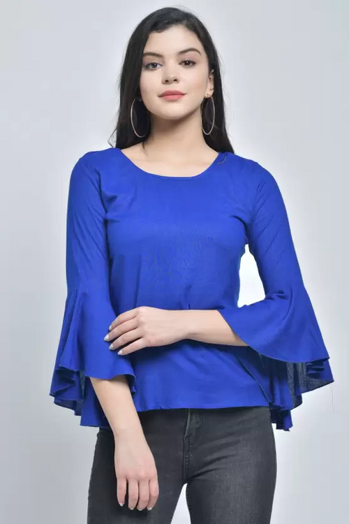 Bell Sleeves Solid Women TOP (Size-S) BLUE)