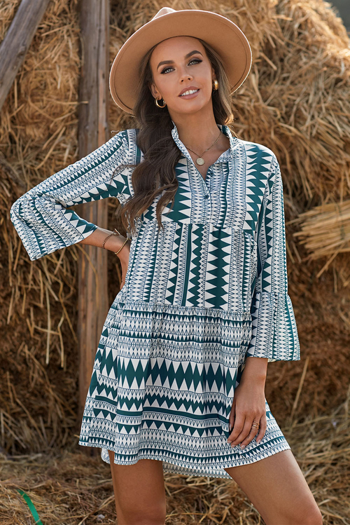 Green Collarless Flared Sleeve Bohemian Flowing Mini Dress