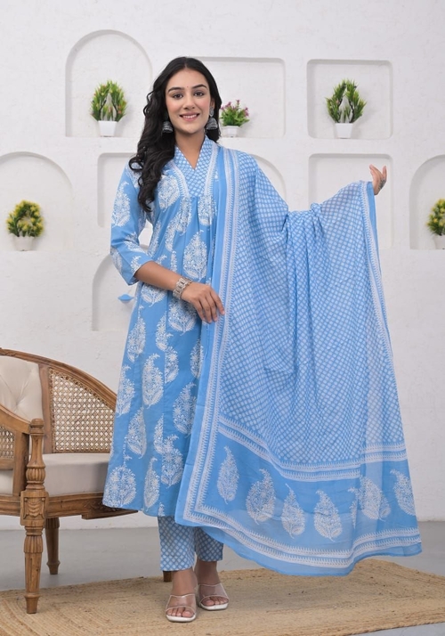 Womens Pure Cotton Kurta Pant Dupatta Set Size S Color Light Blue