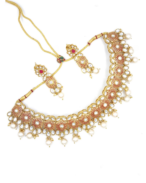 Gold-Plated Stone-Studded Necklace & Earrings Set Red shade on golden