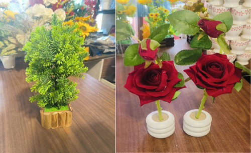 Artificial plant with Wooden Pot  Artificial Rose plant flower and