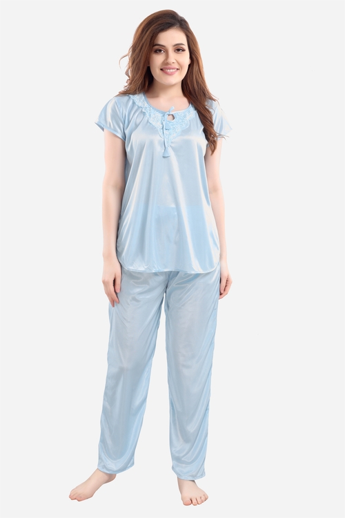 Romaisa Women's Satin Solid Powder Blue Regular Length Top and Pyjama