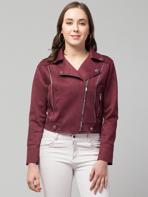 Women Classic Zipper Suede Biker Jacket (Color Wine) (Size M)