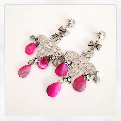 Pink agate stones chandelier earrings