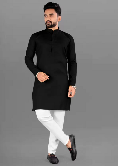 Men Solid Cotton Blend Straight Kurta  (Black) (Size UK 40)