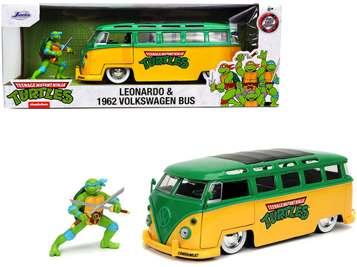 1962 Volkswagen Bus Yellow and Green with Leonardo Diecast Figurine