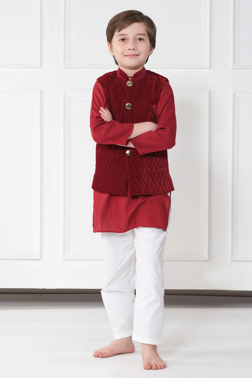 BOYS FULL KURTA JACKET&PANT SET (SIZE-5-6yr) (COLOR-RED&WHITE)