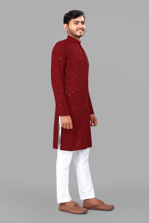 Rayon Lakhnavi Kurta Pyjama For Men (Size-38) (Color-MAROON)