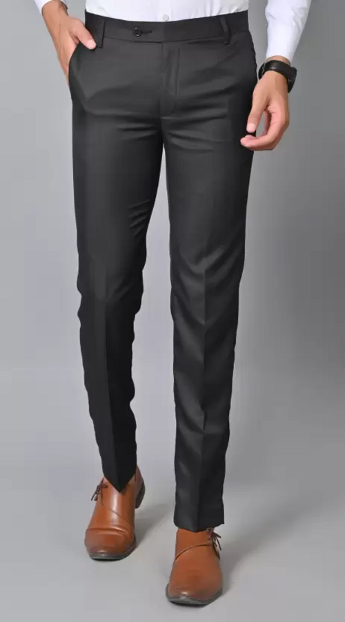 Men Regular Fit Black Cotton Blend Trousers (Size L)