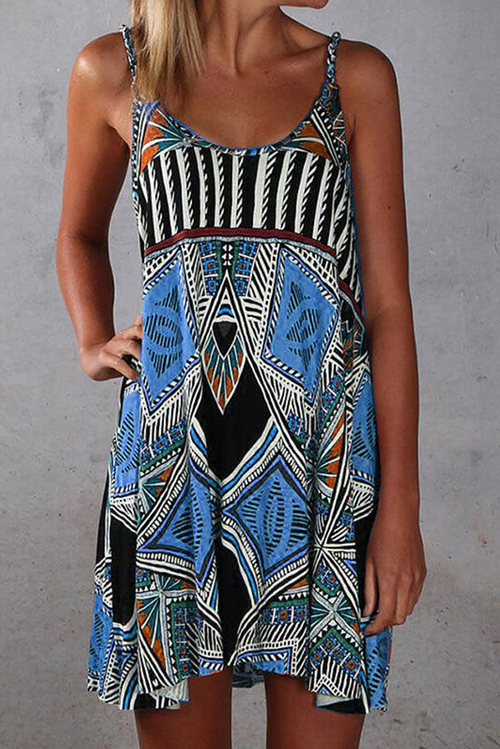 Blue Spaghetti Straps Boho Mini Dress