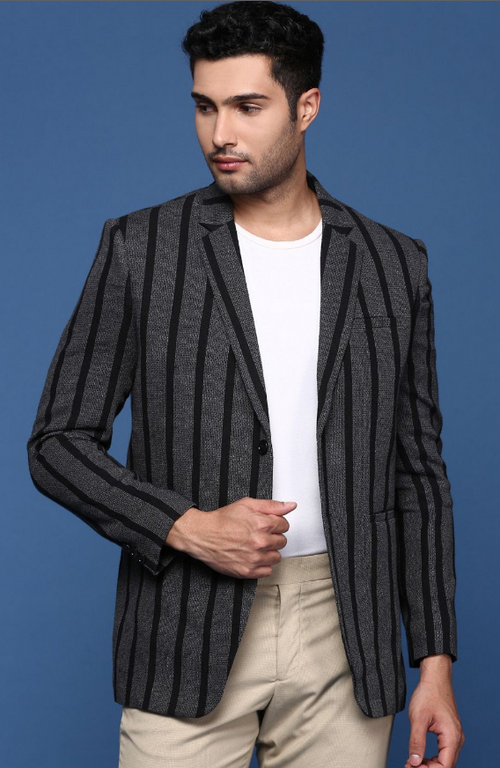 Men's Striped Single-Breasted Cotton Slim-Fit Formal Blazer (Color